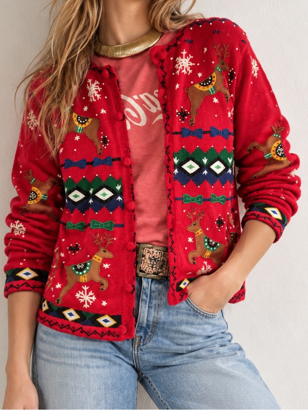 Vtg Designers Originals Red Rami Christmas Reindeer Embroidered Cardigan
